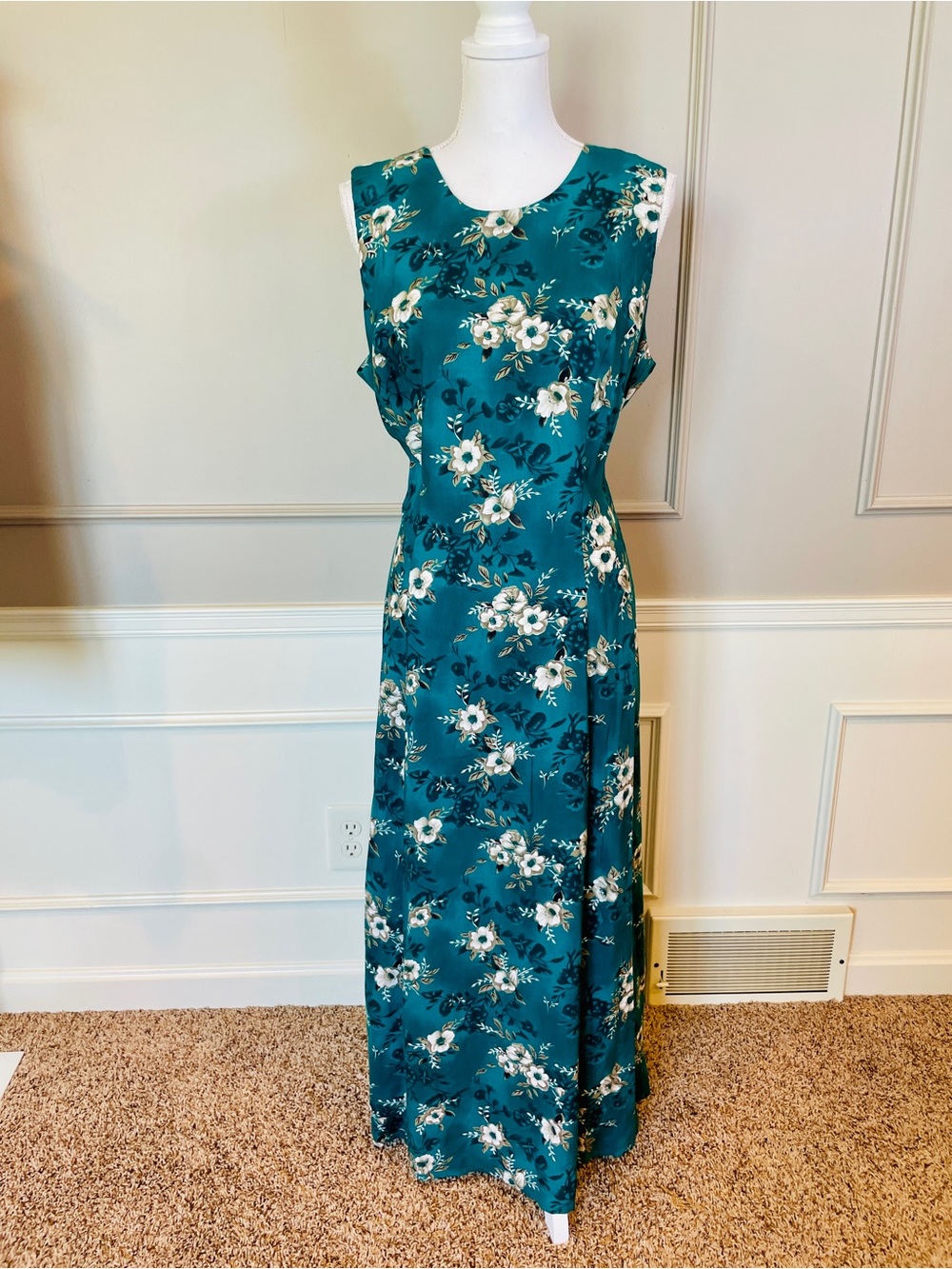 Molly Malloy Vintage 90s Maxi Dress 14 Rayon Floral Sleeveless Teal Tie Back